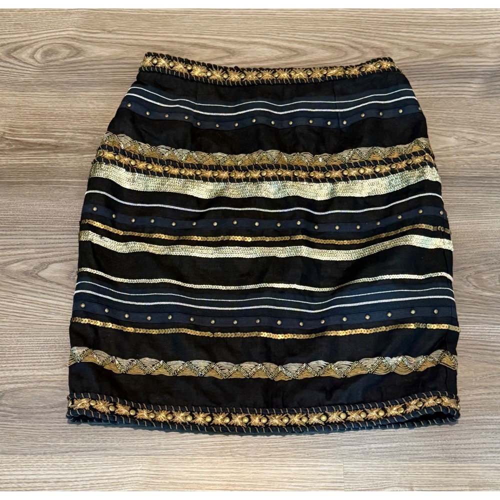 Worth New York Black Gold Sequin Embroidered Pencil Skirt Women's Size 10 Linen